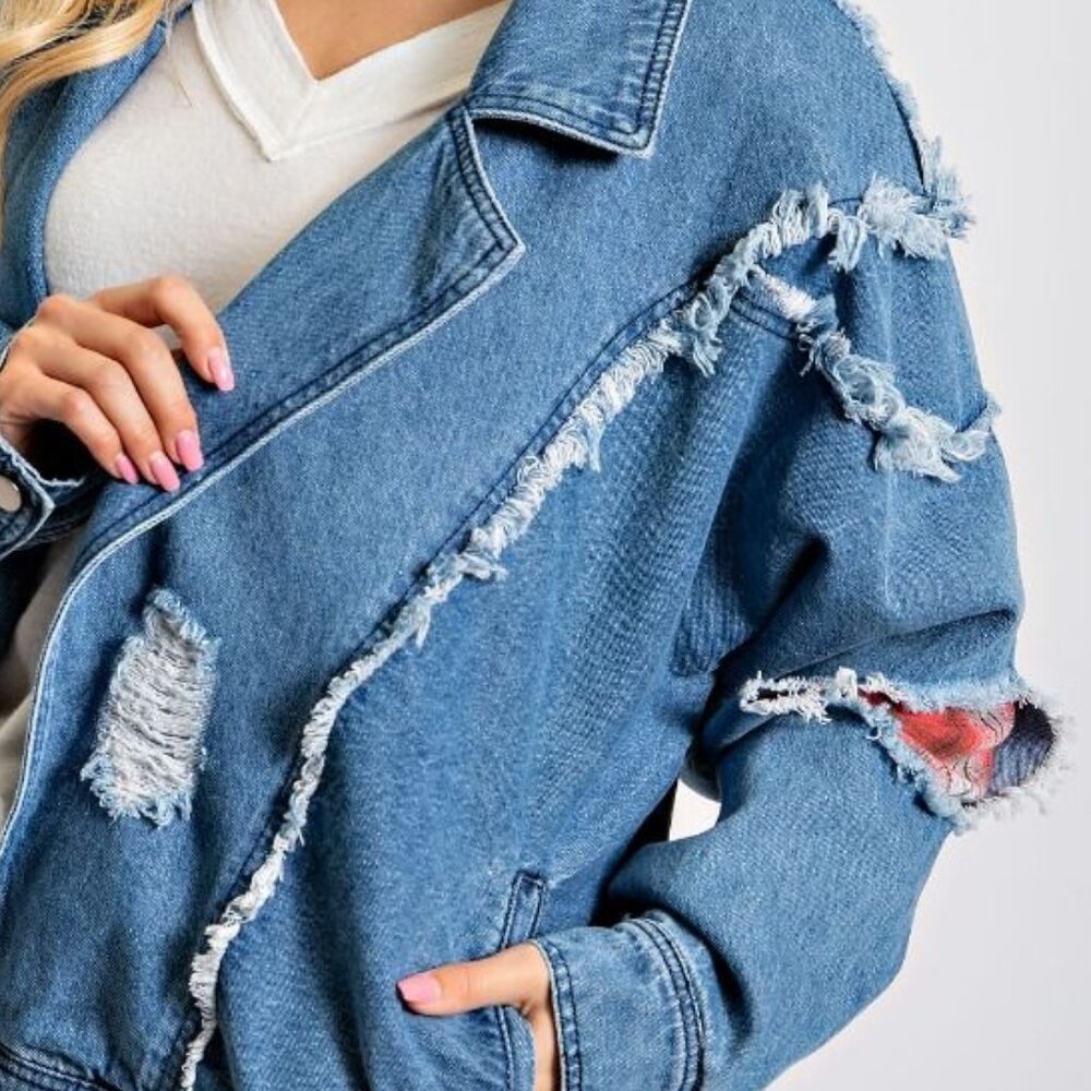 Easel Distressed Blue Denim Jacket NWOT. BRAND NEW. Large. - Picture 5 of 5